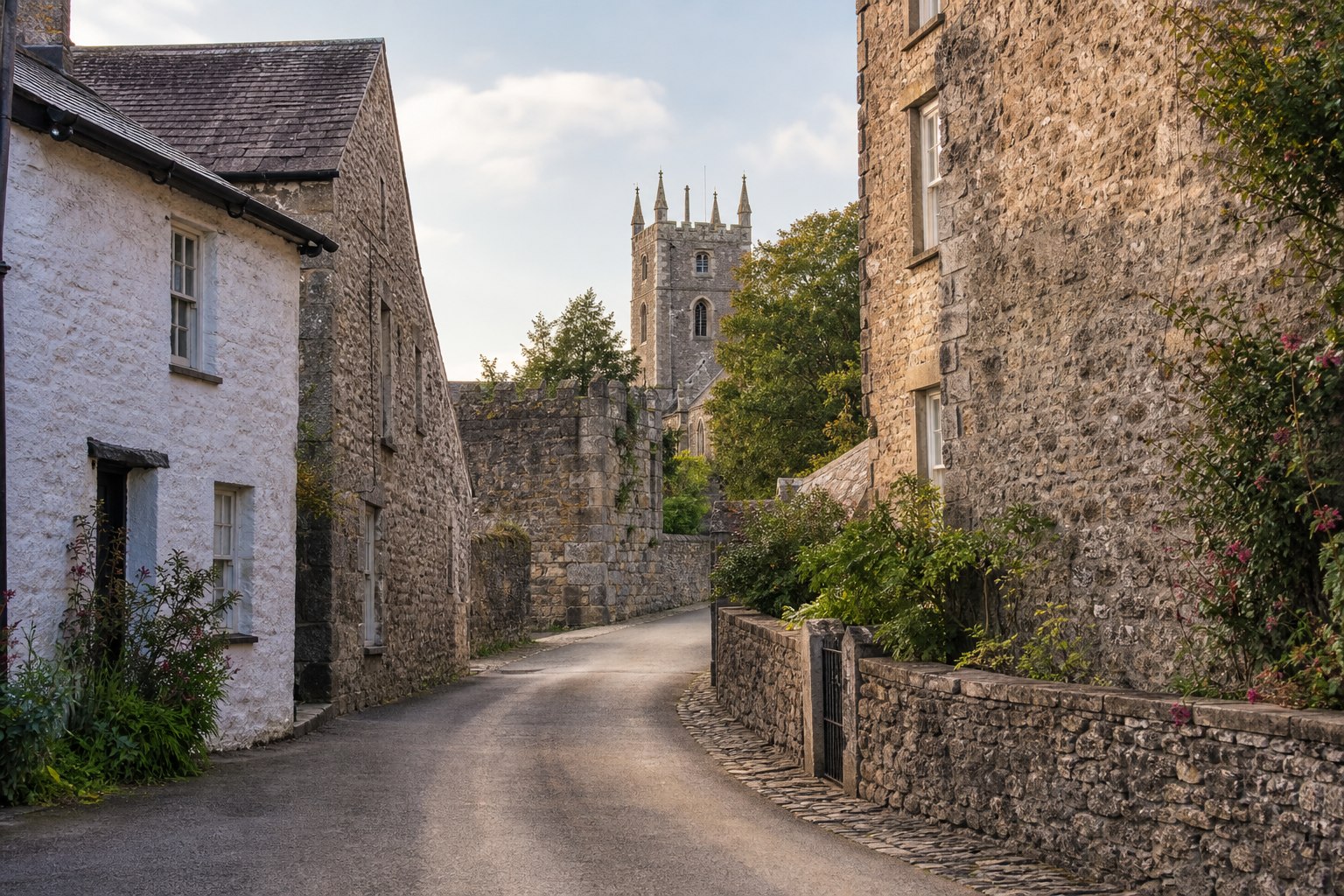 A limestone village lane leading towards Cartmel Priory