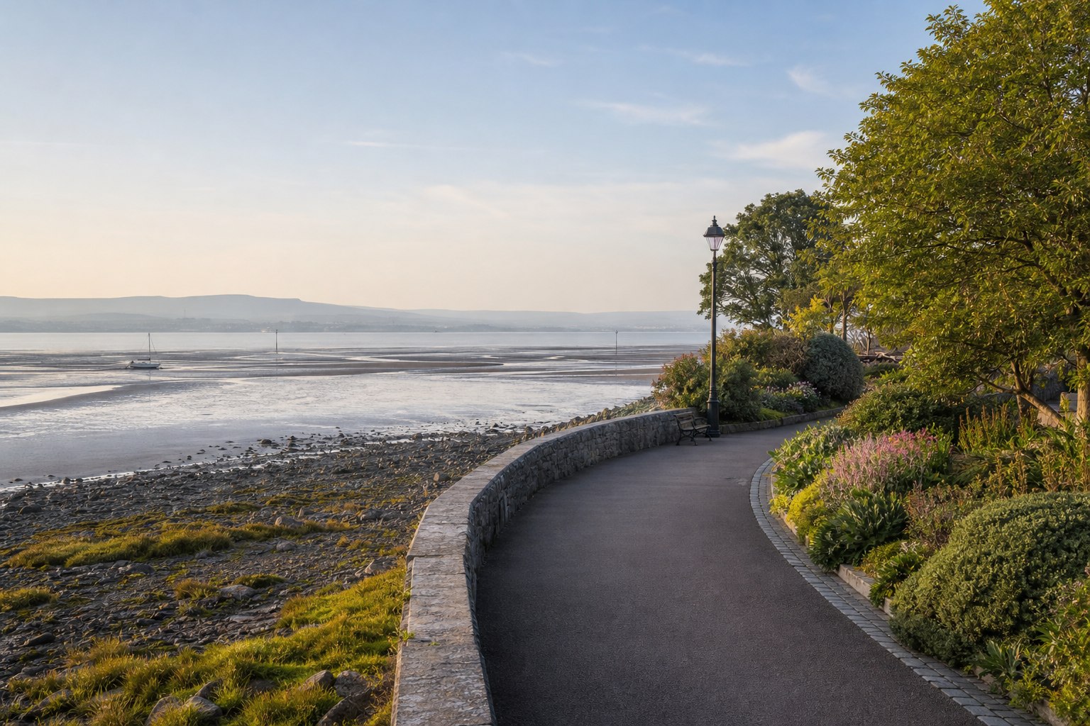 The promenade at Grange-over-Sands looking across Morecambe Bay