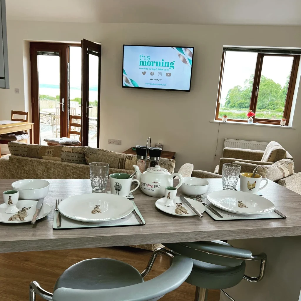 Breakfast laid out in Little Barn's open-plan dining and living space