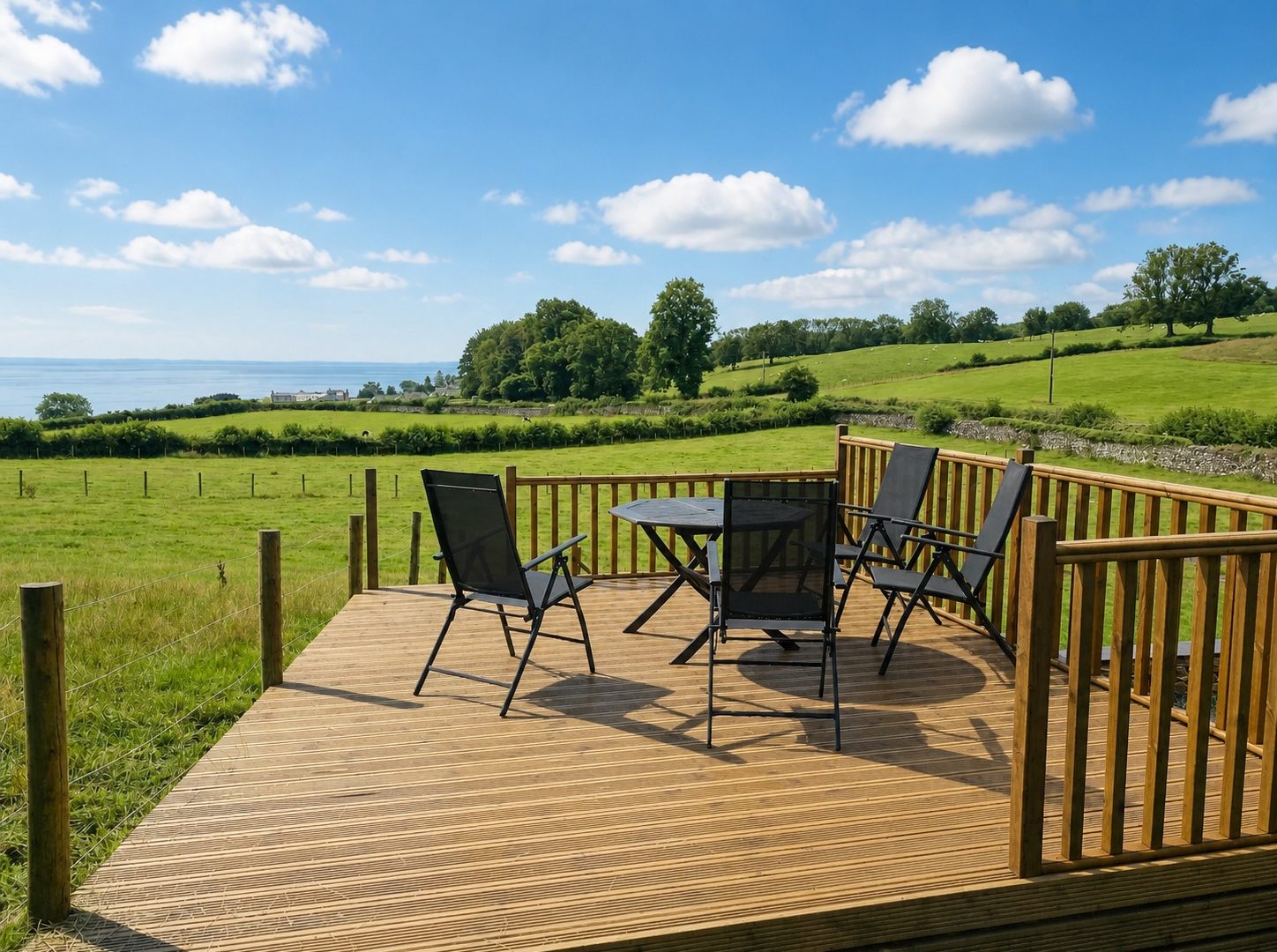 The sunlit deck at Little Barn looking across green fields towards Morecambe Bay